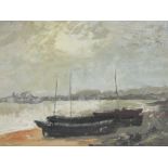 Geoffrey Berry (20thC). Seascape, moored boats before calm waters, oil on board, signed, 35cm x 40cm