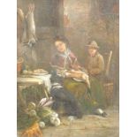 19thC School. Interior scene, peasant farmers aside dead game and fruit, oil on canvas, unsigned, ch