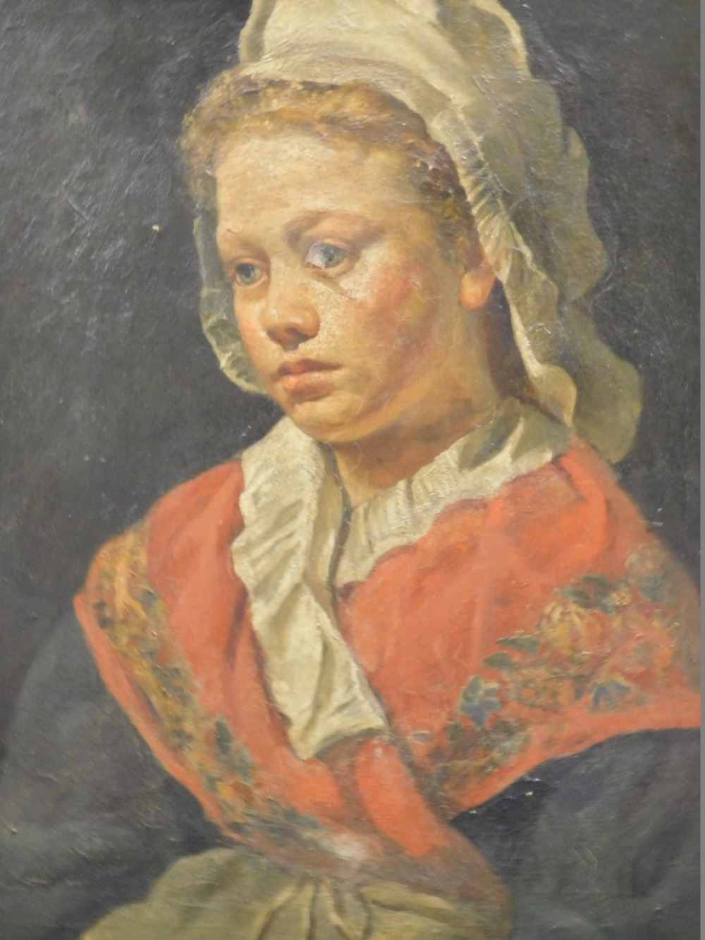 19thC School. Portrait of a girl in melancholic mood wearing bonnet, oil on canvas, Geo. Rowney ESK