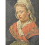 19thC School. Portrait of a girl in melancholic mood wearing bonnet, oil on canvas, Geo. Rowney ESK