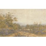19thC English School. Sheep grazing before trees and hill, watercolour, indistinctly signed, 34cm x