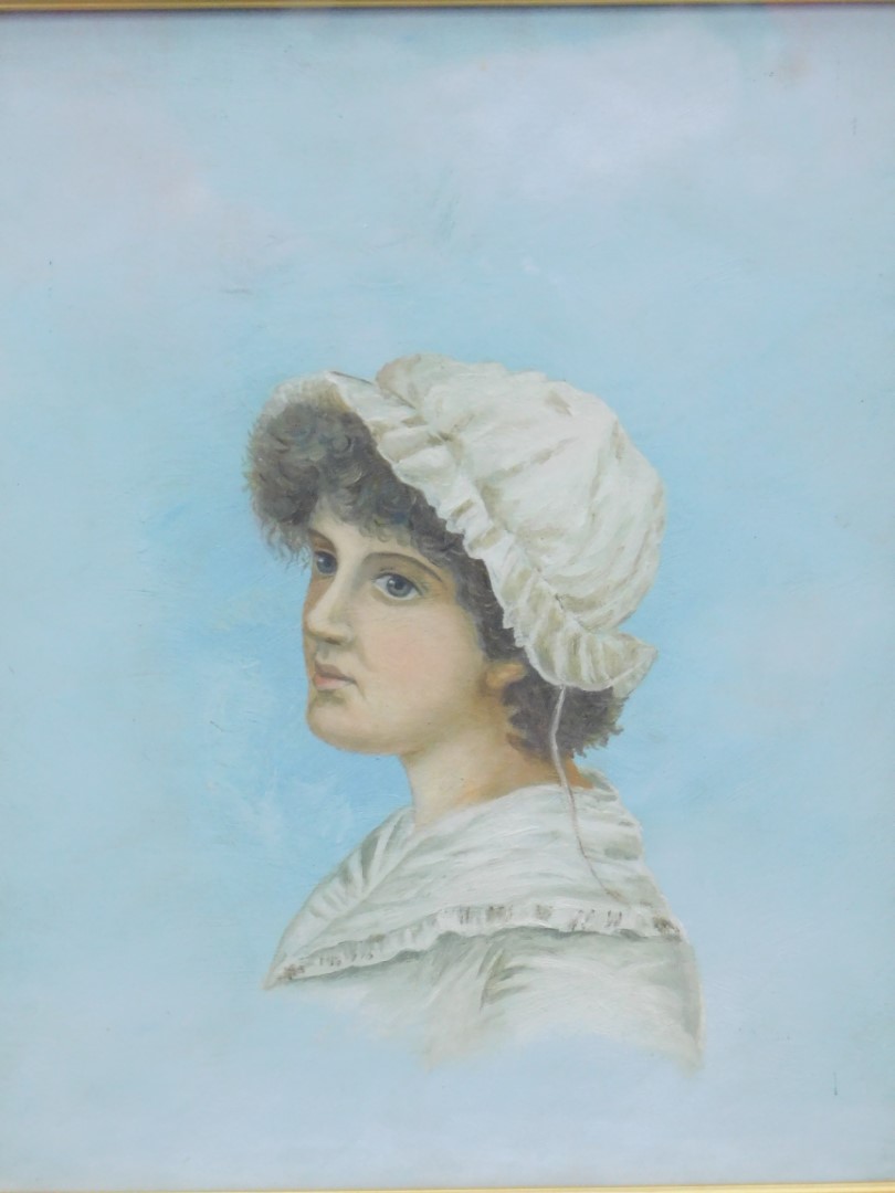19thC School. Portrait of a lady wearing bonnet, oil on a Winsor & Newton canvas, unsigned, 27cm x 2