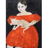 Francis James (20thC). Child holding cat, oil on canvas, Winsor & Newton stamp verso, 35cm x 24cm, S