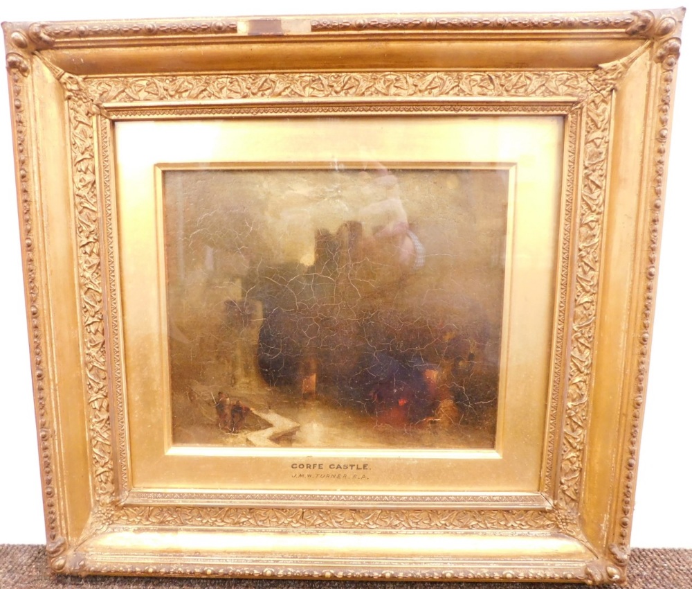 Manner of Turner (19thC School). Corfe Castle, oil on canvas, attributed to the frame, stencilled nu - Image 2 of 4