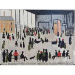 Manner of Lowry. Street scene, oil on board, unsigned, 46cm x 61cm.