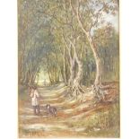 Joseph Dakin (1859-1914). Figures on a treelined path, oil on board, signed and dated (18)74, 20cm x