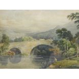 19thC English School. Figure of a fisherman before figures on bridge with mountains in the distance,