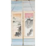 A pair of 20thC Chinese scroll watercolours, one depicting a riverscape, with mountains in the backg