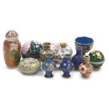 A group of Chinese cloisonne, to include miniature baluster vases, egg cup, lidded trinket boxes of