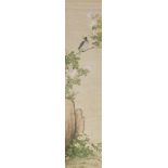 A Japanese scroll painting, of a bird on flowering branch, watercolour on silk, red seal mark, 125cm