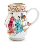 An 18thC Chinese export porcelain sparrow beak jug, painted in coloured enamels of figures on a gard