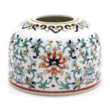 A Chinese doucai porcelain brush pot in 18thC style, decorated in coloured enamels, bearing six char