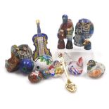 A group of modern cloisonne, to include owls, 5cm high, birds, eggs, cello with thermometer, 12cm hi