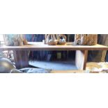 A reclaimed tropical hardwood plank top dining table, the top carved AVIII, 81cm high, the top 100cm