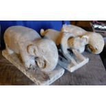 Three stone effect plaster animal figures, comprising two elephants, and a monkey, the largest 30cm