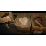 Various carved wooden letters, each 13cm high, unpainted carved wooden hearts, etc. (4 boxes) Note: