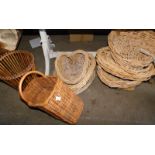 A quantity of heart shaped wicker baskets, various sizes, the largest 43cm high, a bamboo wast paper