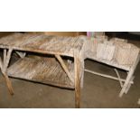 A faux driftwood two tier side table, 76cm high, 98cm wide, 45cm deep, a similar coffee table, 49cm