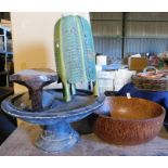 A group of treen, to include a coconut bowl, 41cm diameter, a painted pedestal dish, 22cm high, wood