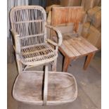 A reclaimed hardwood chair, with panel back and seat, 80cm high, a flower basket, and a wicker frame