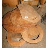 Five reclaimed teak chopping boards, two of circular form, the largest 40cm diameter, and three rect