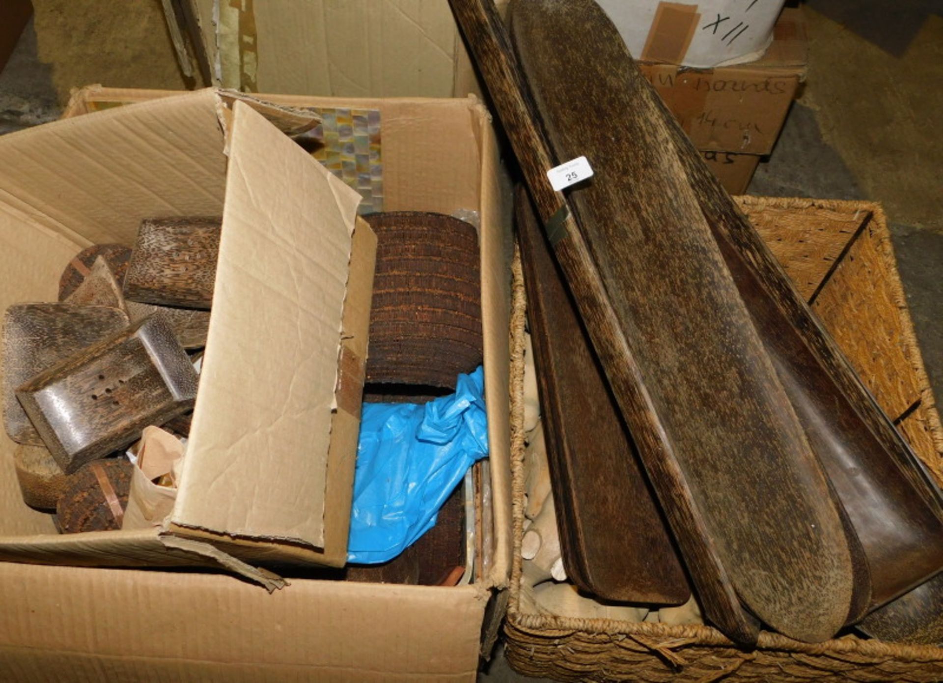 A group of palmwood items, to include soap dishes, trays, various carved hardwood animal figures, wo