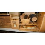 A quantity of palmwood kitchen utensils, to include spatulas, various feather ticklers, various tray