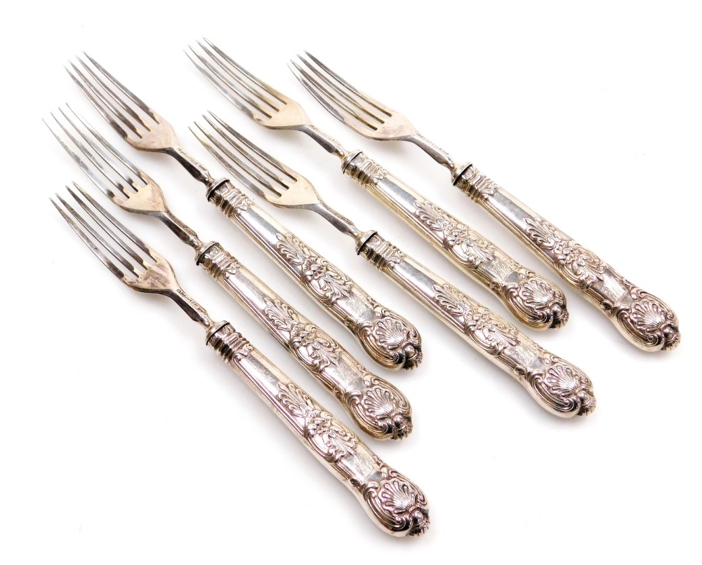 A set of six Victorian silver handled King's pattern fruit forks, crest engraved, Sheffield 1848, 7.