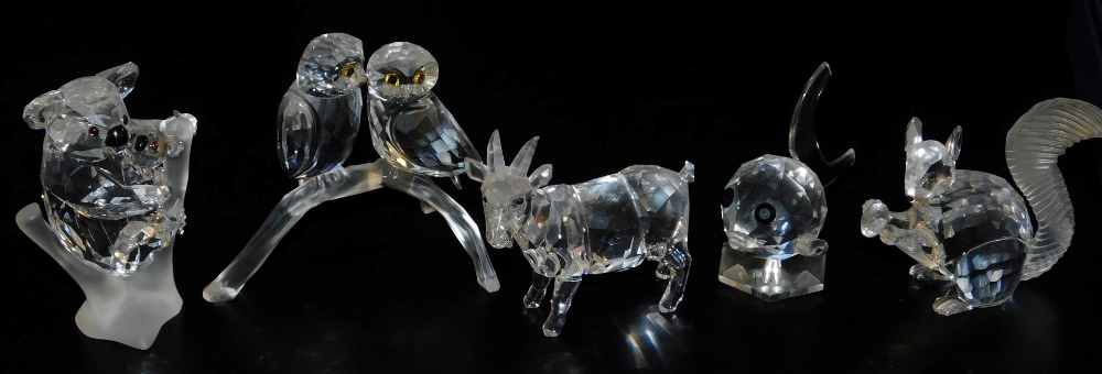 Six Swarovski crystal figures, boxed, comprising a koala bear, two owls on a perch, a fish, squirrel - Image 2 of 2