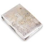 A late 19thC Continental calling card case, white metal, the lid engraved with a woman and horse, ma