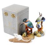 A Royal Crown Derby porcelain figure of a Kingfisher, boxed, further figure of a Blue Tit, by S Bear