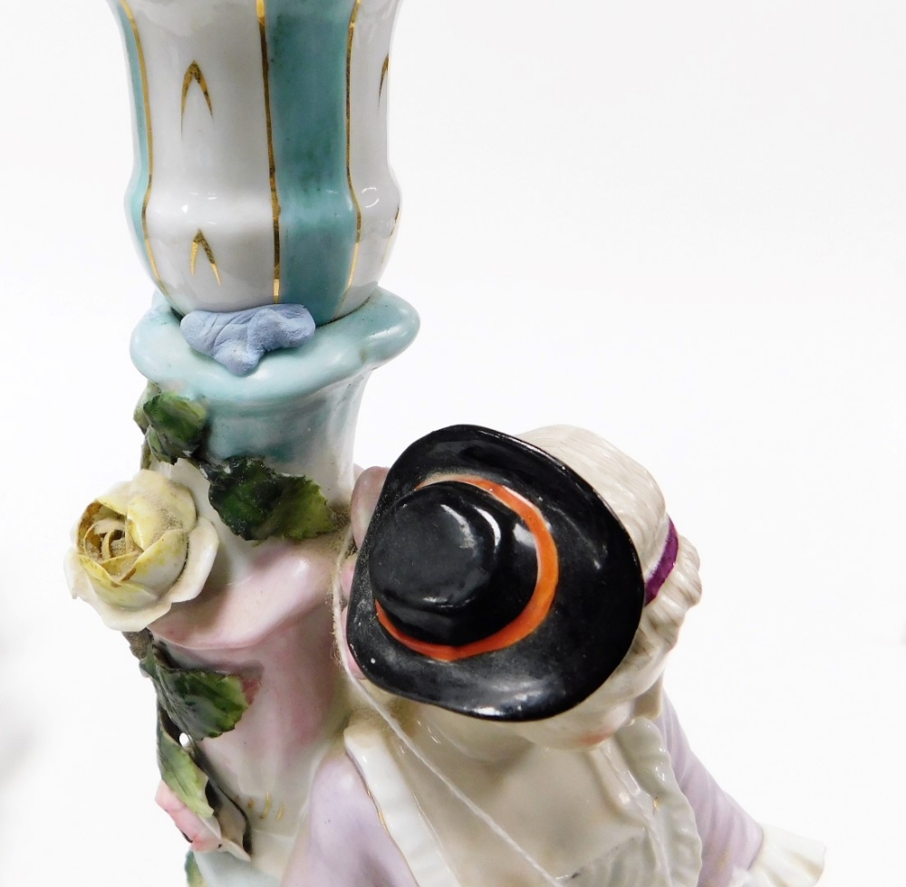 A pair of late 19thC Sitzendorf porcelain figural candlesticks, modelled as a gallant and lady, hold - Image 4 of 5