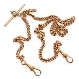 A 9ct rose gold curb link Albert chain, with two lobster claw clasps and T-bar as fitted, 21.9g.