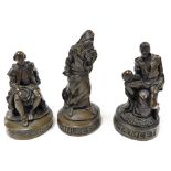 Three bronzed plaster figures, modelled as William Shakespeare, Hamlet and King Lear, 14cm, 15cm, 17