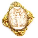 A late 19thC shell cameo brooch, decorated with the Three Graces, in a foiled yellow metal surround,