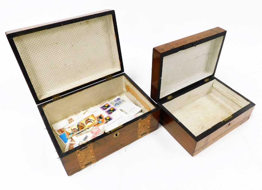 A Victorian walnut and marquetry inlaid box, with a vacant interior, 12cm high, 27.5cm wide, 19cm de - Image 2 of 2