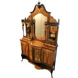 A Victorian rosewood marquetry and ivory inlaid display cabinet, the swan necked pediment over a tri