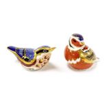 Two Royal Crown Derby porcelain imari bird paperweights, comprising Nuthatch, gold stopper, 12cm wid
