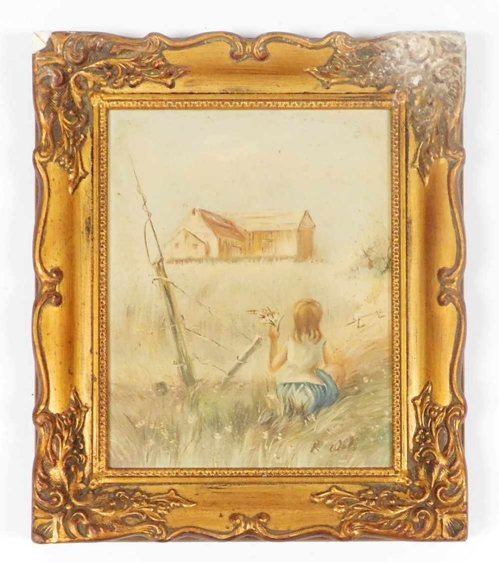 R. Webb (20thC School). Figure of a girl seated holding flowers before cottage, signed, oil on canva - Image 2 of 3