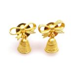 A pair of bell and bow drop earrings, post and butterfly backs, all in precious yellow metal, 1.3cm