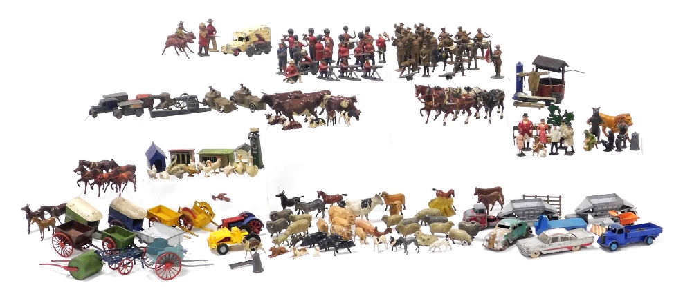 A group of early 20thC lead figures of World War I and other soldiers, together with farmyard animal