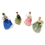 Four Royal Doulton figures, comprising Helen HN3601, Ballad Seller HN2266, Grace HN2318, and Fair La