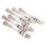 A set of five Victorian silver King's pattern dessert forks, crest and motto engraved, maker's initi