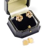 A pair of rose coloured knot earrings, yellow metal, 4.5g, together with a pair of bicolour earrings