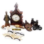 Assorted collectables, including two pairs of opera glasses, a pair of vintage child's shoes, a Meer
