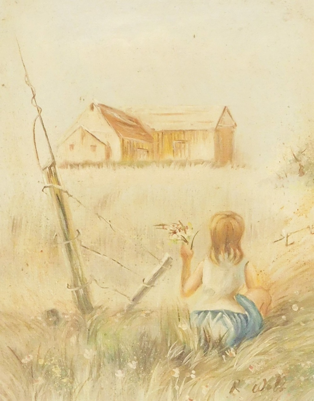 R. Webb (20thC School). Figure of a girl seated holding flowers before cottage, signed, oil on canva