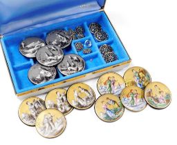 Five 19thC enamel buttons, decorated with pastoral scenes, similar buttons decorated in grey and gol