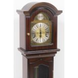 A 20thC Thomas Burne mahogany cased grandmother clock, the brass break arch dial bearing mask and fo