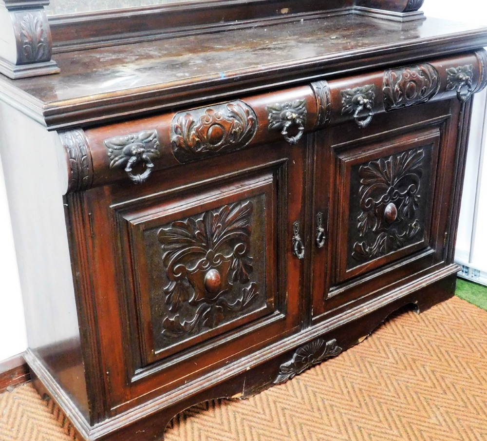 A Victorian mahogany mirror back sideboard, the outswept pediment with foliate carving, above a rect - Image 2 of 2