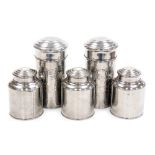A set of five stainless steel Zhen Neng tea canisters, 19cm high and 13cm high. (5)